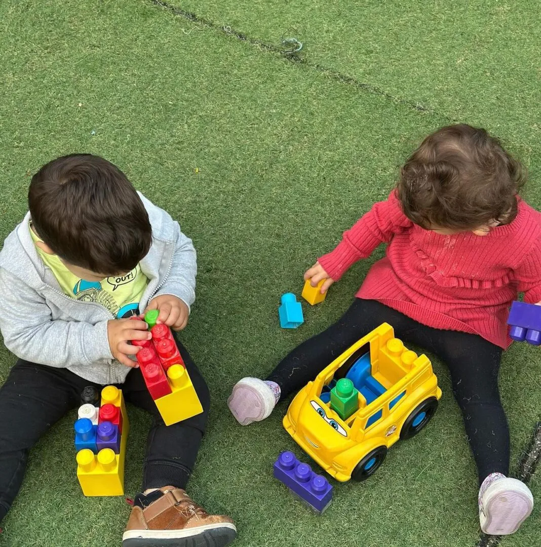 Two toddlers playing with building blocks and a toy bus on the grass